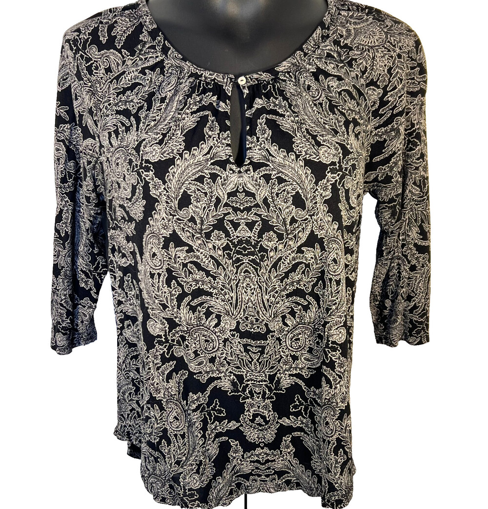 Lucky Brand Blouse Women's S Black Gray Paisley Round Keyhole Neck 3/4 Sleeve